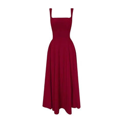Elegant Red French-Style Hepburn Spaghetti Strap Dress – Slim Fit Long Dress with Square Neck