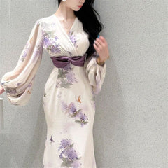 Floral Long Sleeve Midi Dress for Women – Slimming Fit for Curvy Figures