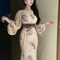 Floral Long Sleeve Midi Dress for Women – Slimming Fit for Curvy Figures