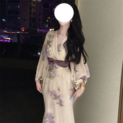 Floral Long Sleeve Midi Dress for Women – Slimming Fit for Curvy Figures