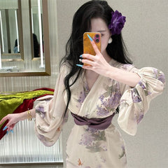 Floral Long Sleeve Midi Dress for Women – Slimming Fit for Curvy Figures