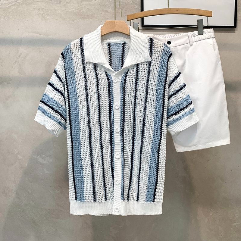 Men’s Retro Color-Block Knit Cardigan T-Shirt – Dopamine Hollow Design