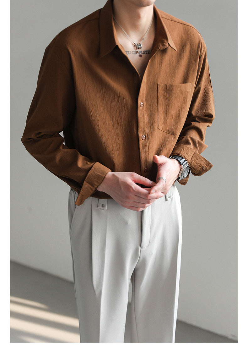 Korean Style Wrinkle Texture Loose Fit Long Sleeve Shirt for Men