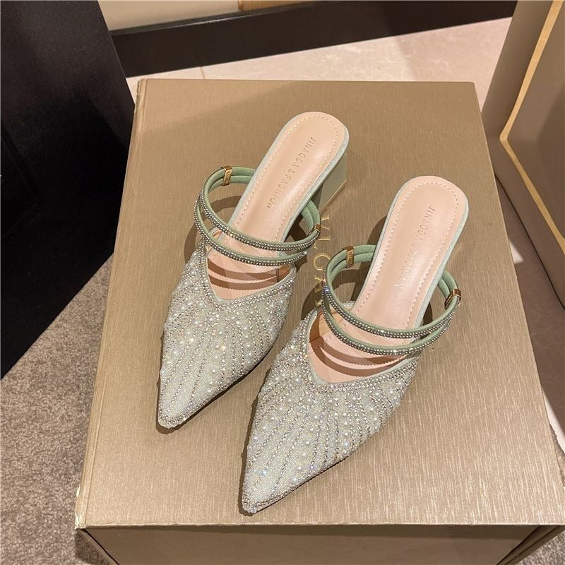 Pearl Block Heel Closed-Toe Slip-On Sandals