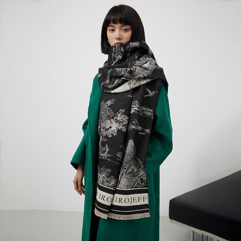 Landscape Print Faux Cashmere Scarf – Warm, Stylish Long Scarf for Women
