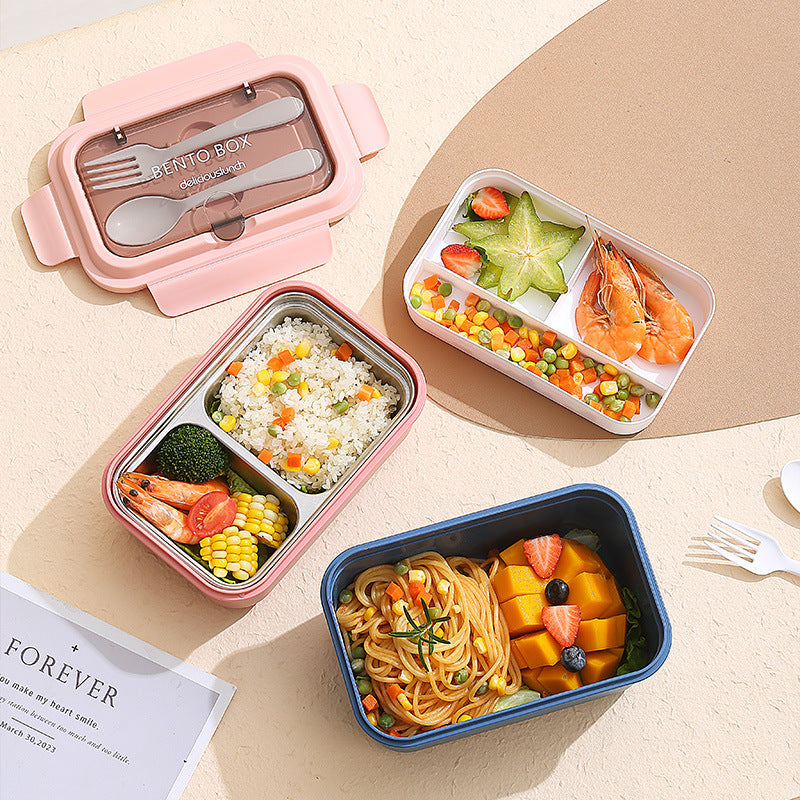 Nordic Style Microwaveable Lunch Box – PP Outer Shell with 304 Stainless Steel Compartment, Fork & Spoon Included – Portable and Leak-Proof Food Container