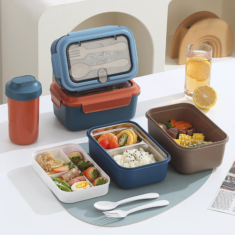 Nordic Style Microwaveable Lunch Box – PP Outer Shell with 304 Stainless Steel Compartment, Fork & Spoon Included – Portable and Leak-Proof Food Container