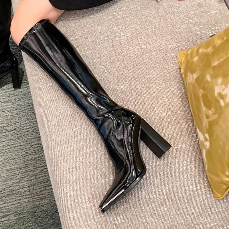 Glossy Square-Toe Knee-High Boots – Slim Fit Patent Leather Boots