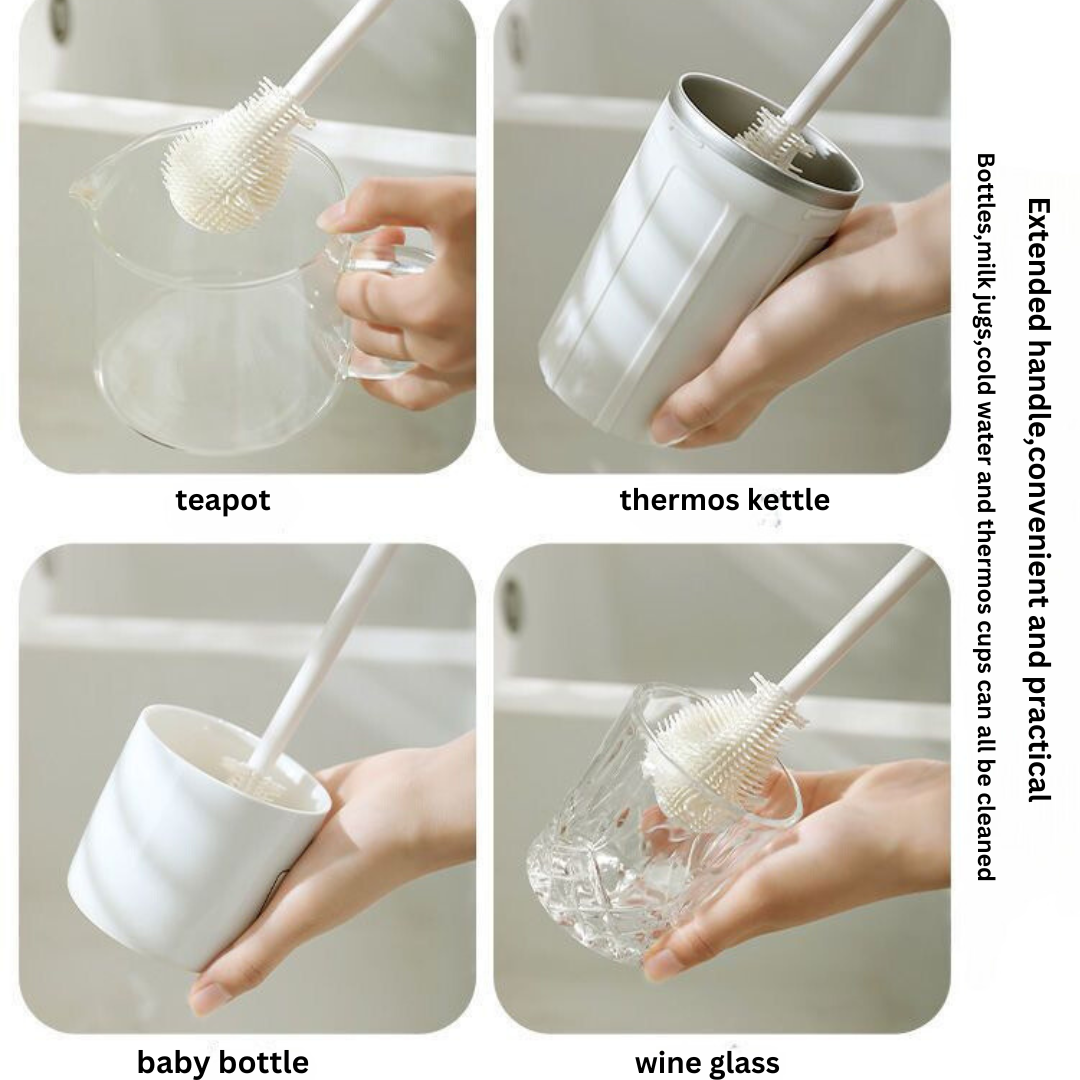 Upgraded Silicone Cleaning Brush with Long Handle & Storage Rack – No-Drill Sink Organizer for Cups, Bottles, and Baby Accessories.