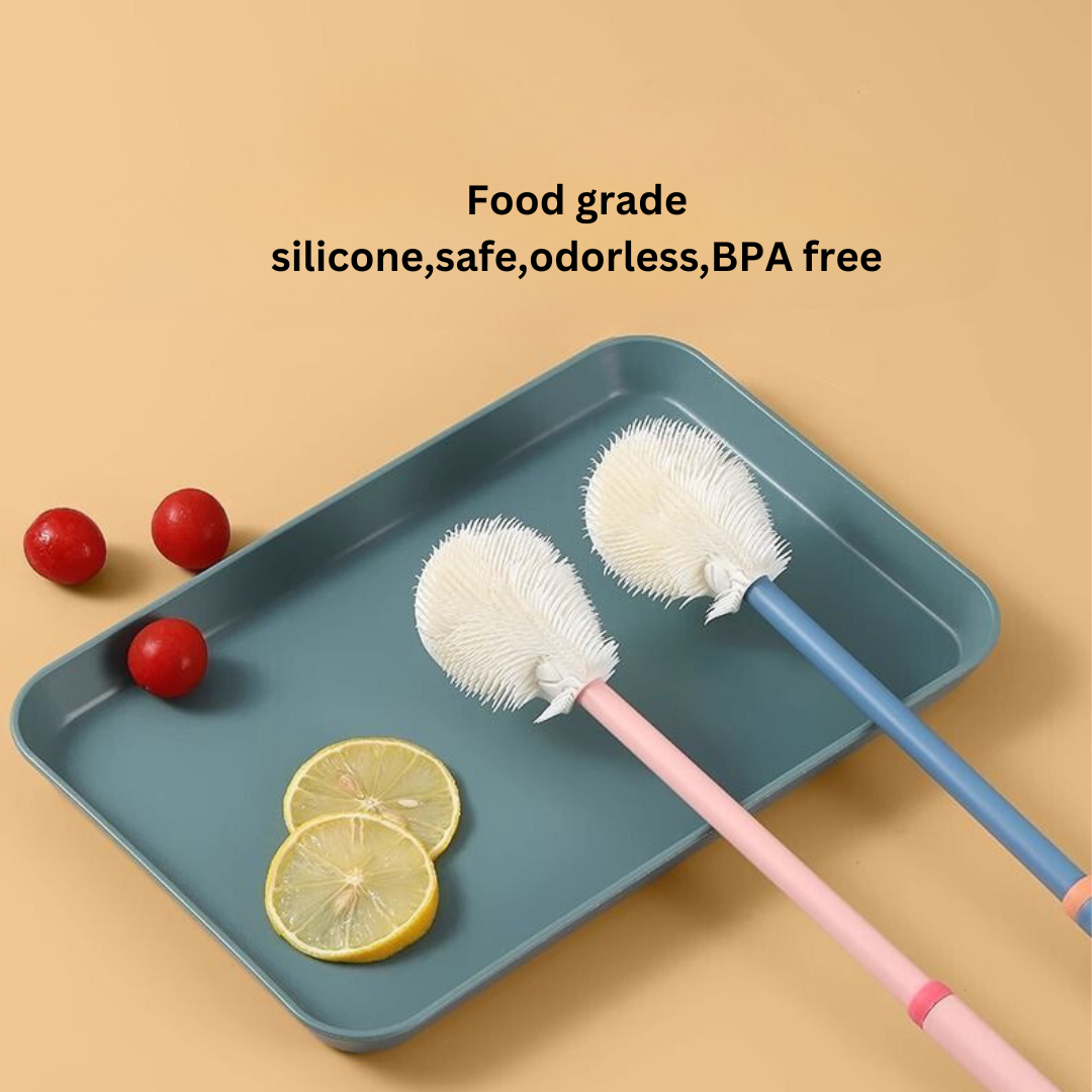 Upgraded Silicone Cleaning Brush with Long Handle & Storage Rack – No-Drill Sink Organizer for Cups, Bottles, and Baby Accessories.
