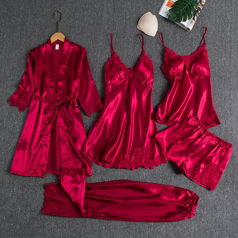 Silk 5-Piece Women's Sleepwear Set with Chest Pads – Camisole Dress, Robe & Loungewear