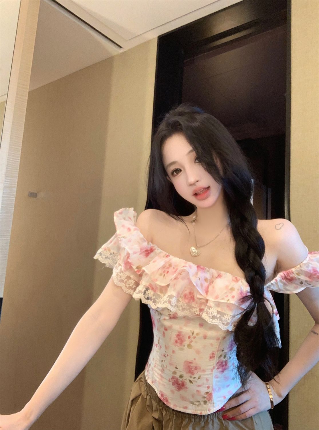 Floral Off-Shoulder Ruffle Blouse – Lace Trim Slim Fit Feminine Top