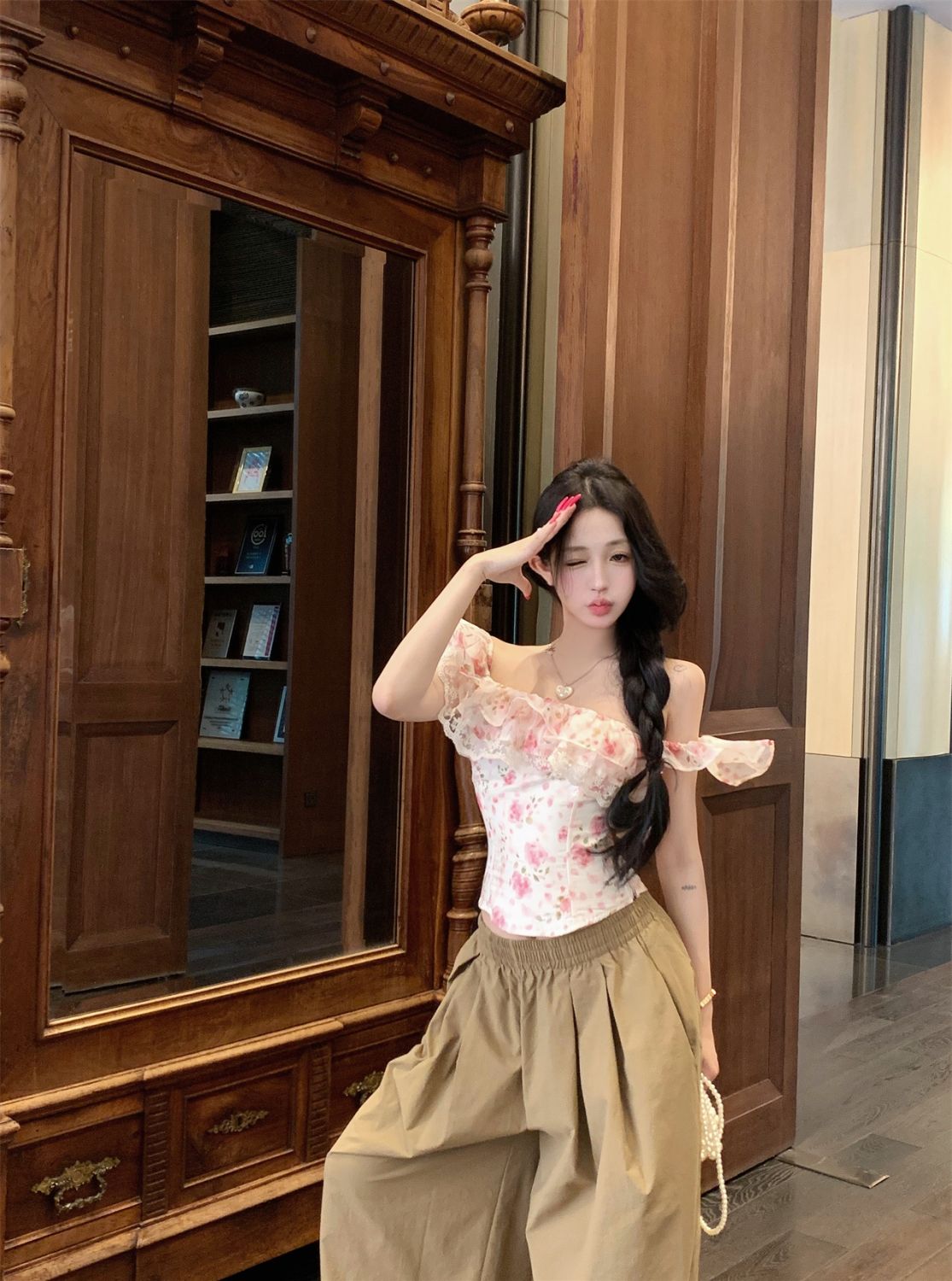Floral Off-Shoulder Ruffle Blouse – Lace Trim Slim Fit Feminine Top