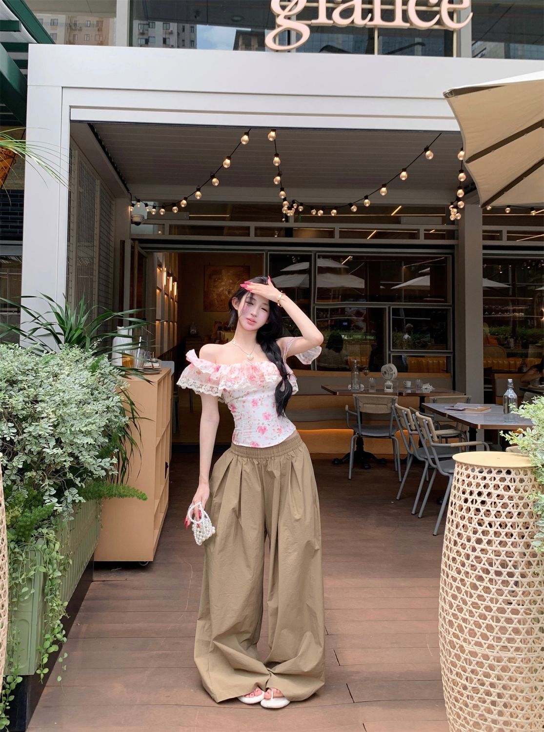 Floral Off-Shoulder Ruffle Blouse – Lace Trim Slim Fit Feminine Top