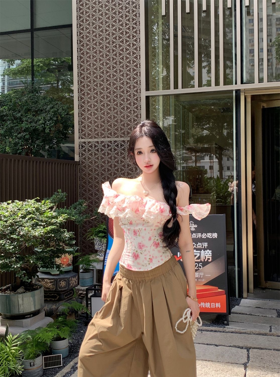 Floral Off-Shoulder Ruffle Blouse – Lace Trim Slim Fit Feminine Top