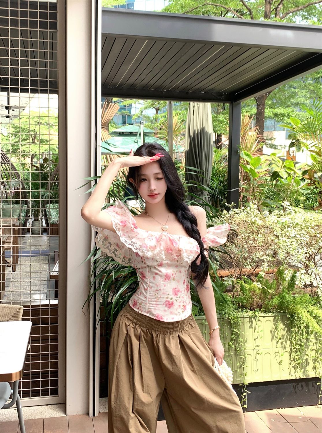 Floral Off-Shoulder Ruffle Blouse – Lace Trim Slim Fit Feminine Top