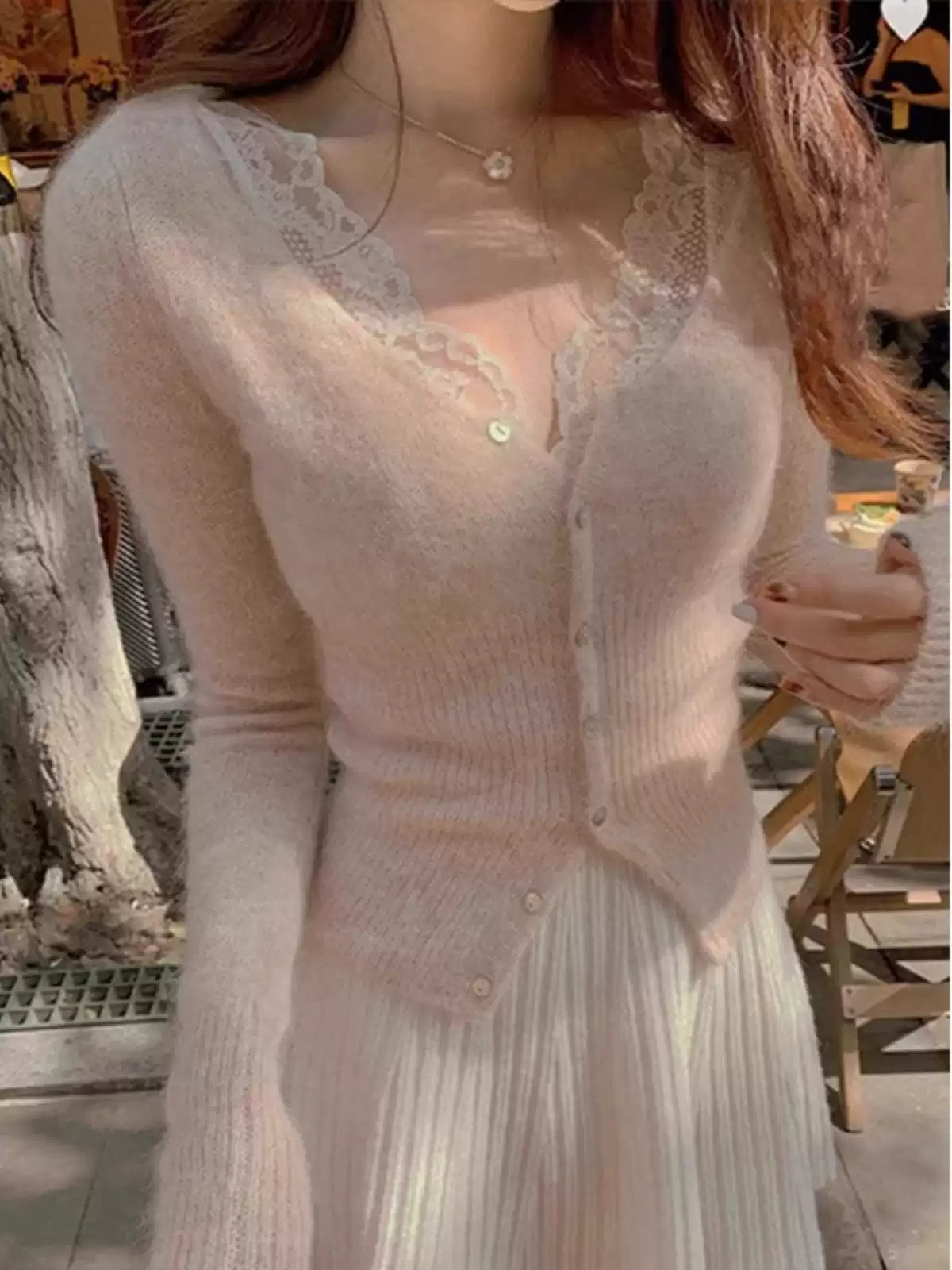 Korean Style Lace Knit V-Neck Sweater Top