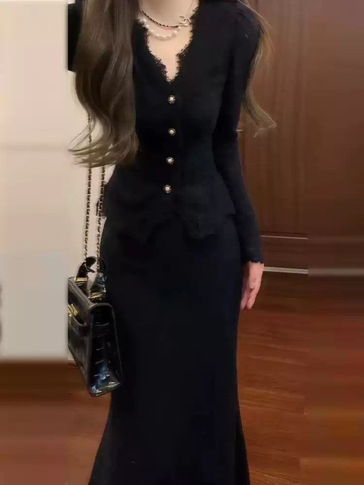 French Black Knit Dress Set for Women – Elegant Outfit for Petite Fit
