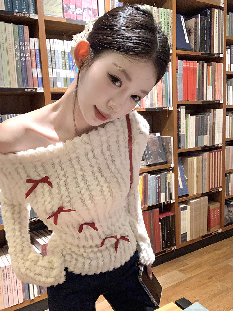White Off-Shoulder Knit Sweater with Bow – Slim Fit Pullover for Women