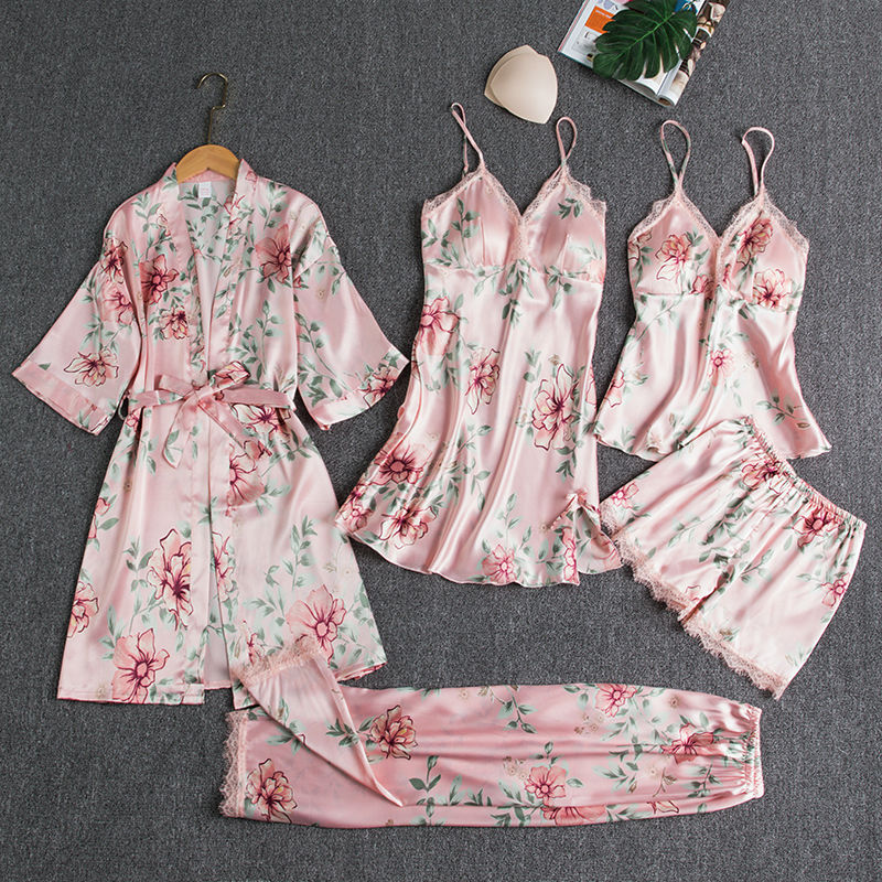 Silk 5-Piece Women's Sleepwear Set with Chest Pads – Camisole Dress, Robe & Loungewear