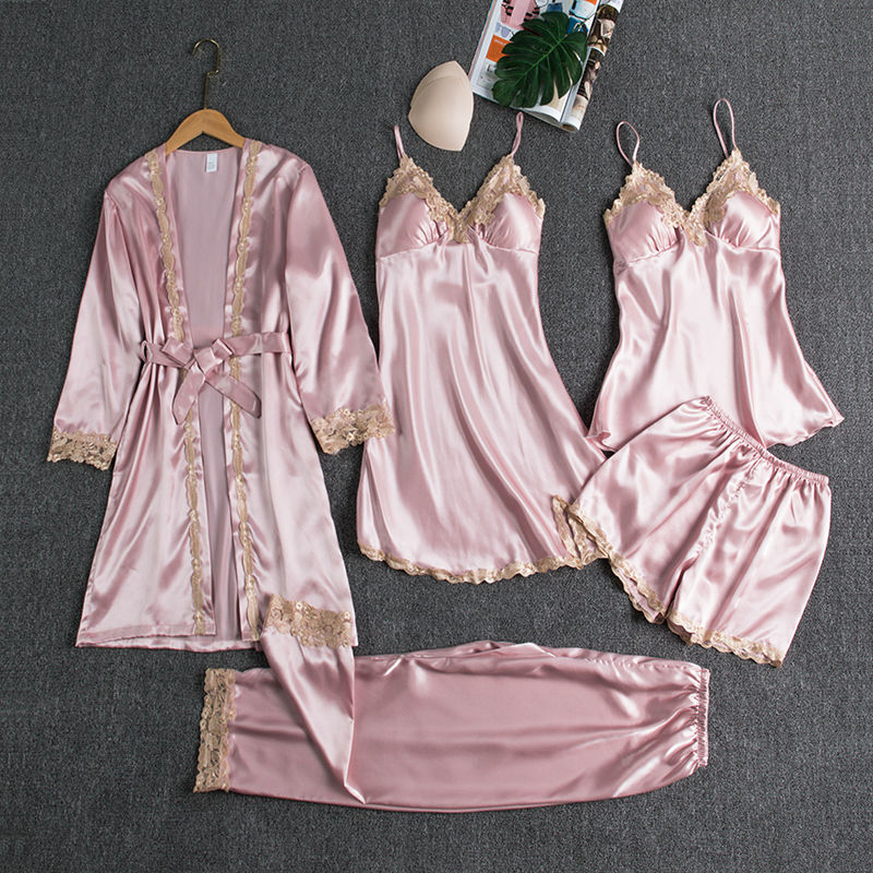 Silk 5-Piece Women's Sleepwear Set with Chest Pads – Camisole Dress, Robe & Loungewear