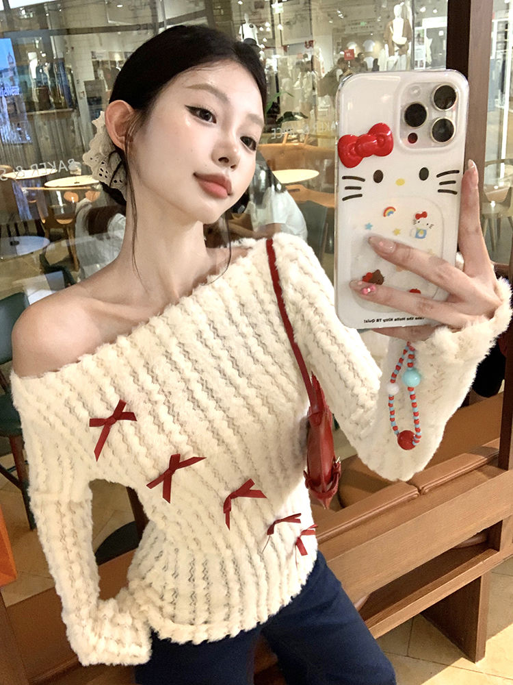 White Off-Shoulder Knit Sweater with Bow – Slim Fit Pullover for Women