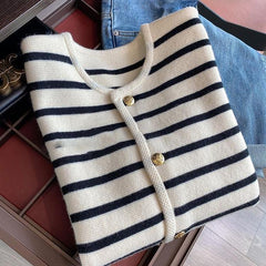 Black and White Striped Knit Cardigan Short Button Up Sweater Jacket
