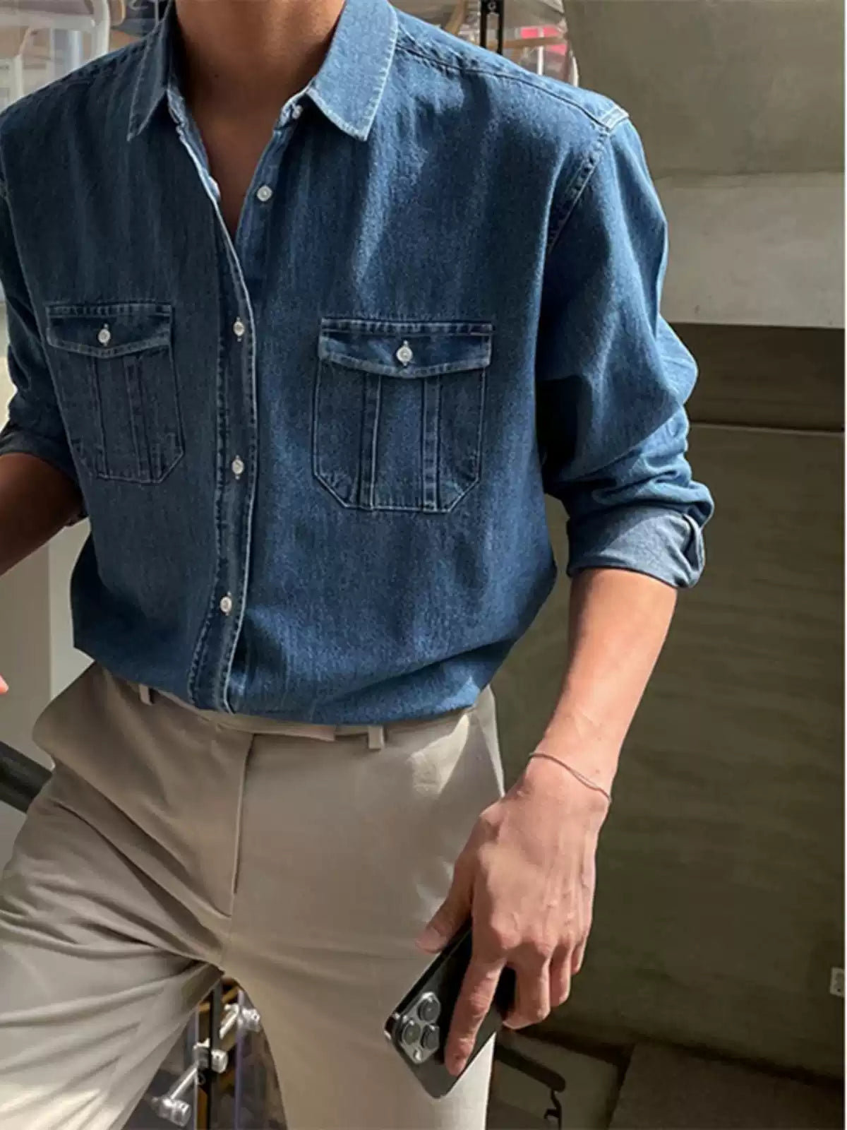 Men’s Vintage Denim Shirt – Korean Hong Kong Style Casual Long Sleeve Overshirt