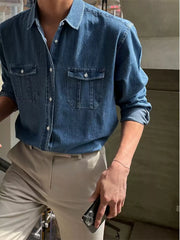 Men’s Vintage Denim Shirt – Korean Hong Kong Style Casual Long Sleeve Overshirt