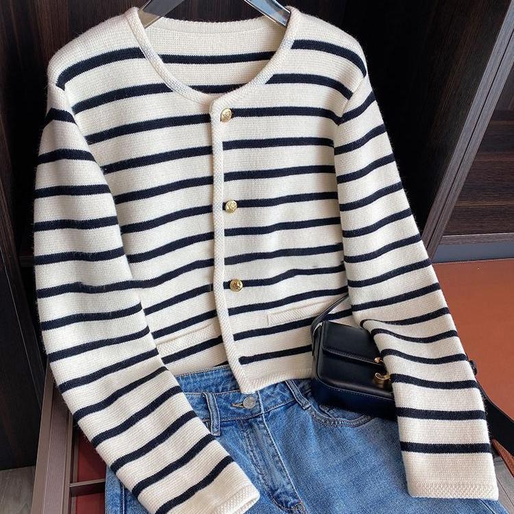 Black and White Striped Knit Cardigan Short Button Up Sweater Jacket