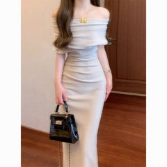 French Cowl Neck Asymmetric Off-Shoulder Ruched Bodycon Dress