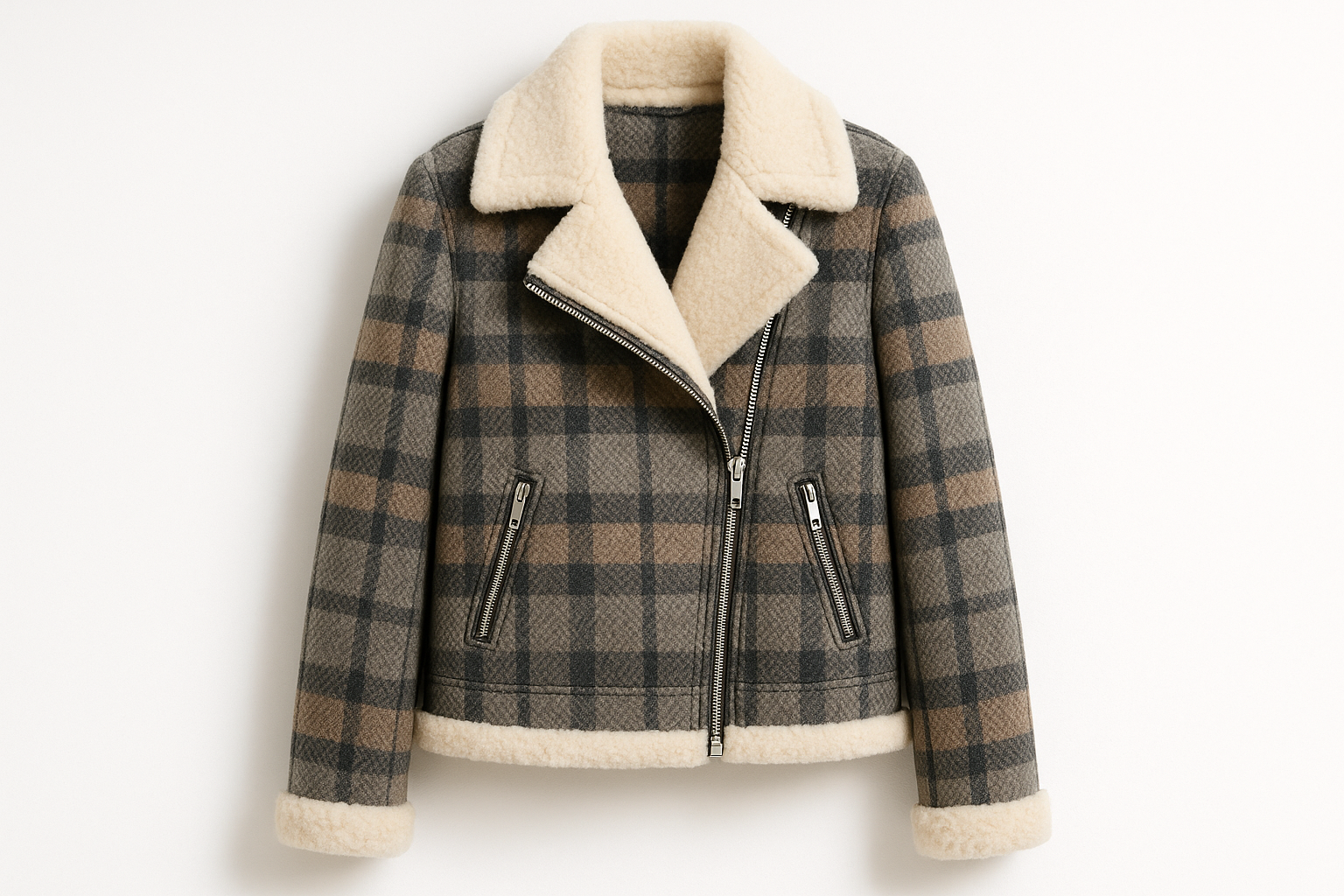 European-Style High-End Sheepskin-Lamb Wool Coat for Women, Thickened Motorcycle Jacket with Turn-Down Collar in check colour