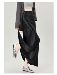High Waist Acetate Satin A-Line Fishtail Midi Skirt