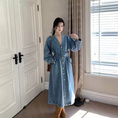 French A-Line Denim Dress – Elegant Plus Size Slimming Long Jean Dress for Women