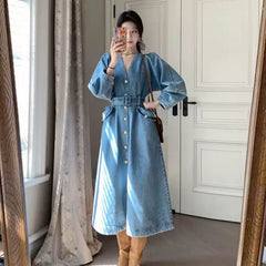 French A-Line Denim Dress – Elegant Plus Size Slimming Long Jean Dress for Women
