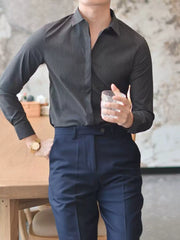 Men’s Wrinkle-Resistant Striped Shirt – Korean Style Hidden Button Smart Casual Dress Shirt