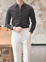 Men’s Wrinkle-Resistant Striped Shirt – Korean Style Hidden Button Smart Casual Dress Shirt