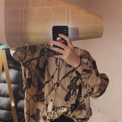 Men’s Vintage Chain Print Short Sleeve Shirt – Loose Fit Hong Kong Style Casual Top