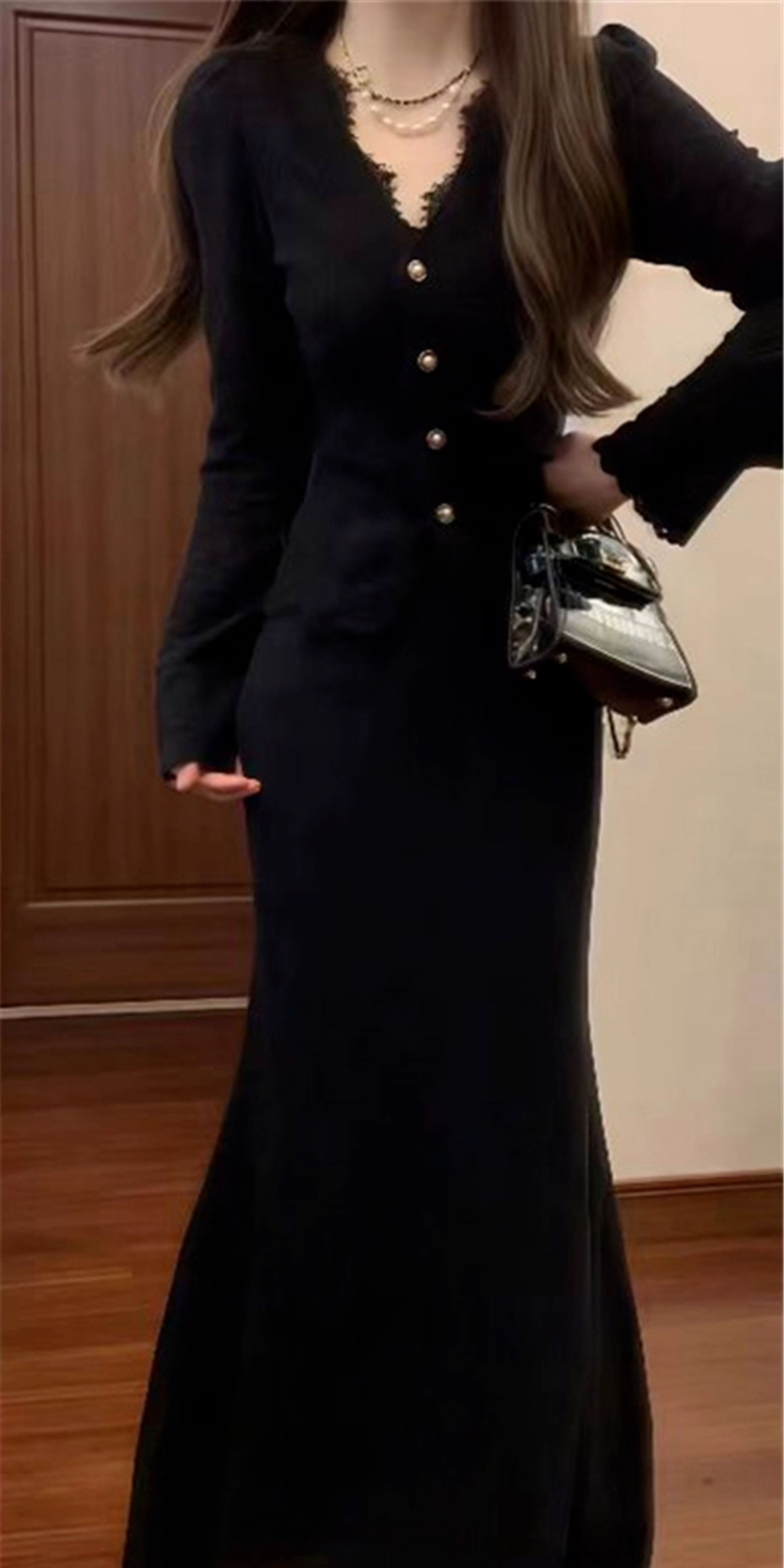 French Black Knit Dress Set for Women – Elegant Outfit for Petite Fit