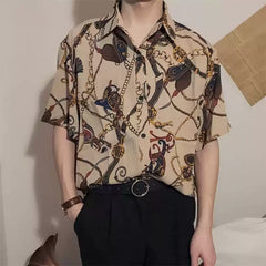 Men’s Vintage Chain Print Short Sleeve Shirt – Loose Fit Hong Kong Style Casual Top