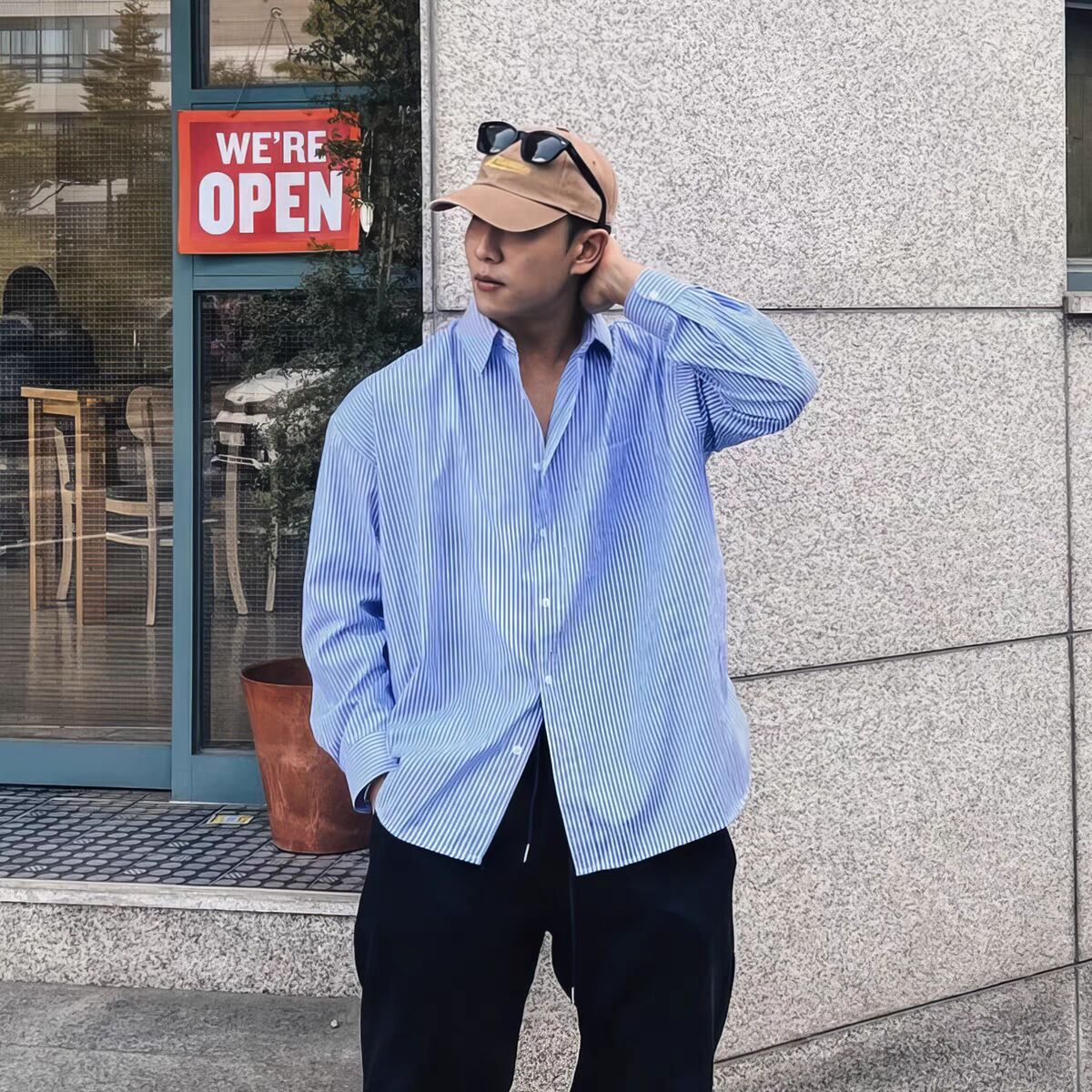 Men’s Vintage Striped Work Shirt – Loose Fit American Style Long Sleeve Pocket Shirt