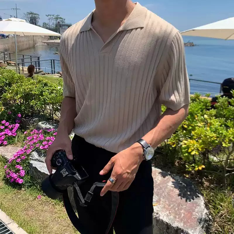 Men’s Slim Fit Knit Polo Shirt – Korean V-Neck Stretch Cotton Ice Silk Tee