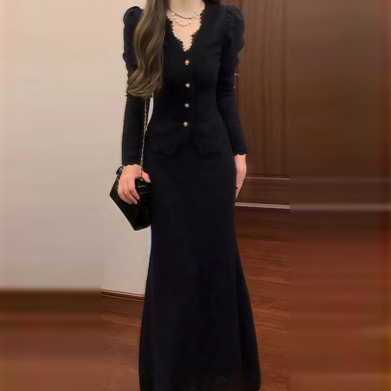 French Black Knit Dress Set for Women – Elegant Outfit for Petite Fit