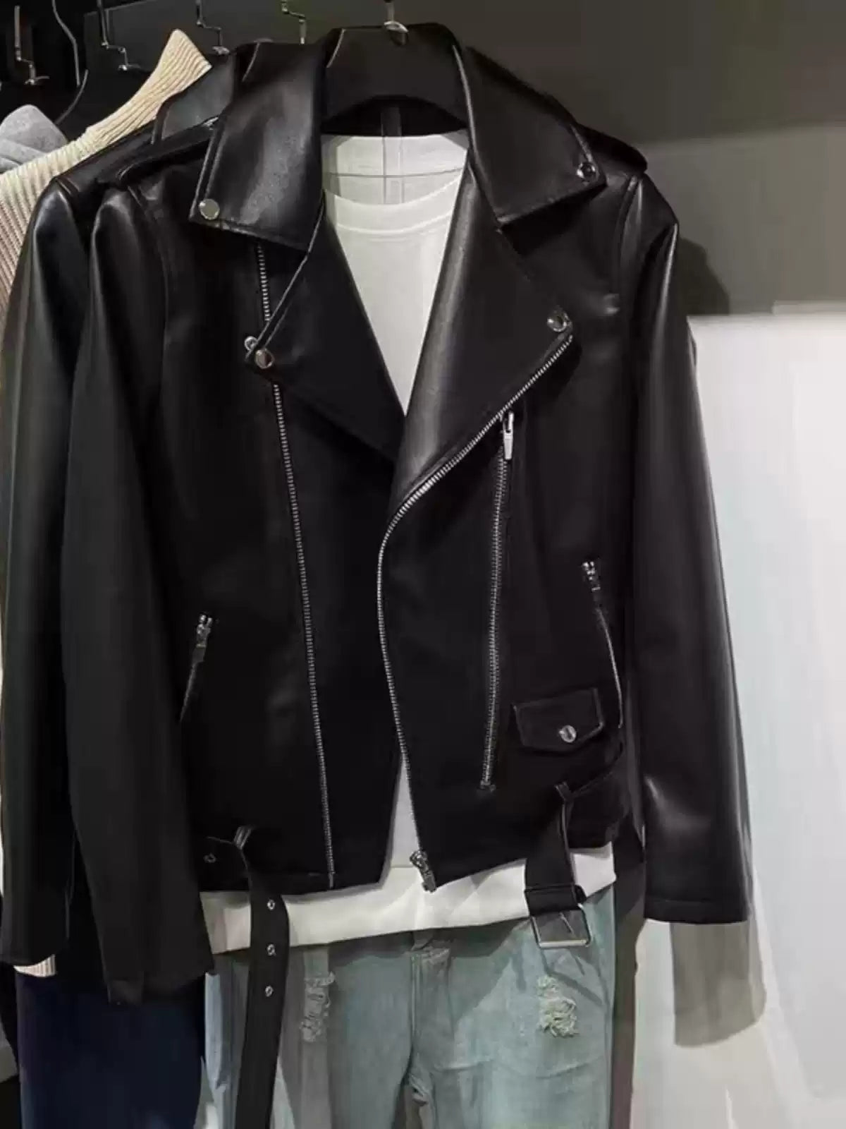 Men’s Black Faux Leather Moto Jacket – Wang Yibo Style Streetwear Biker Jacket