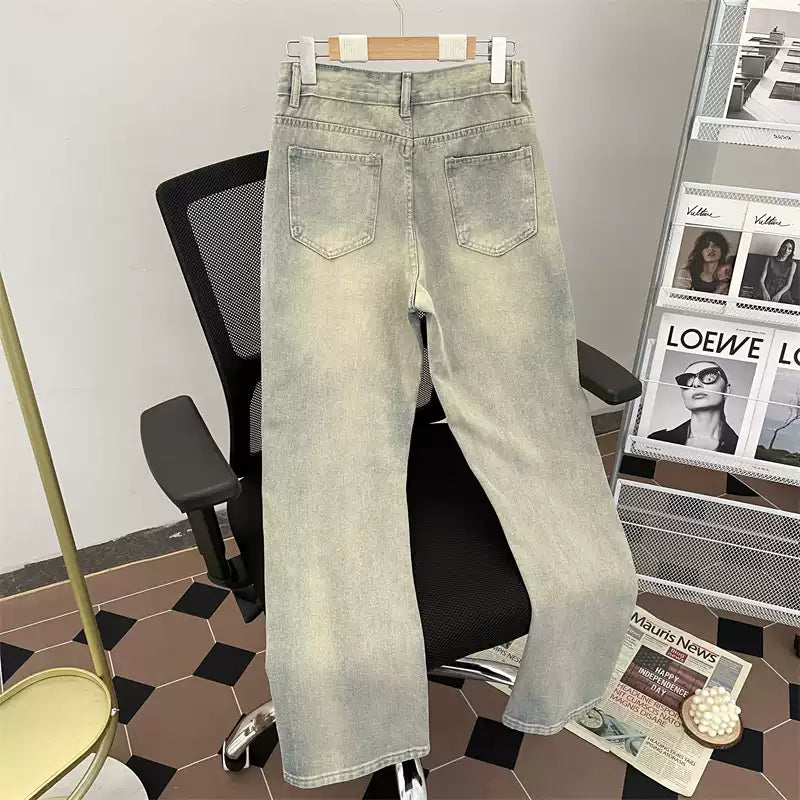 Men's Yellow Mud Washed Straight-Leg Jeans – Vibe Streetwear Loose Fit Distressed Denim