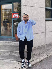 Men’s Vintage Striped Work Shirt – Loose Fit American Style Long Sleeve Pocket Shirt