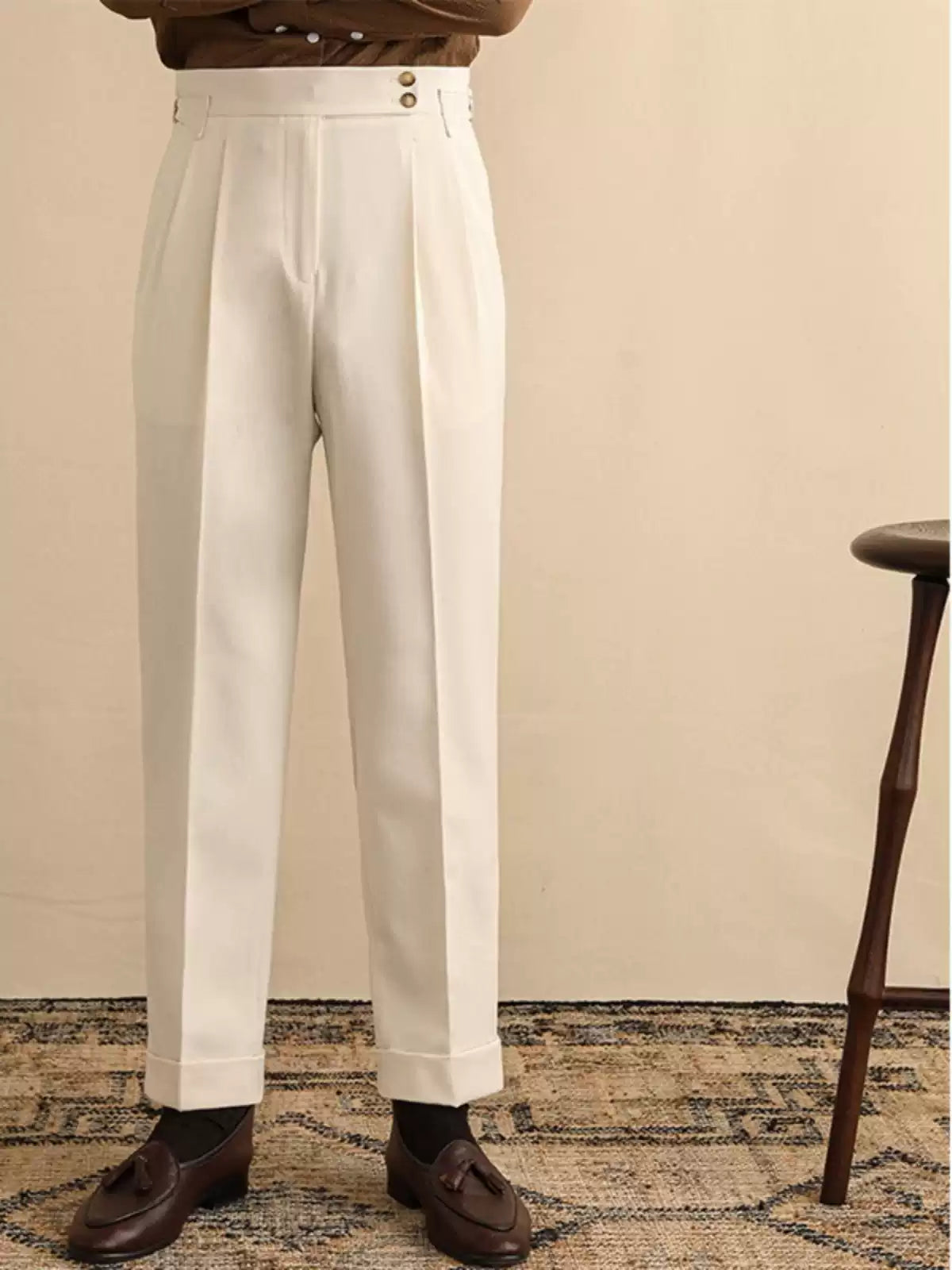 Men’s High-Waist Straight Trousers – Loose Fit Business Casual Pants with Paris Buckle