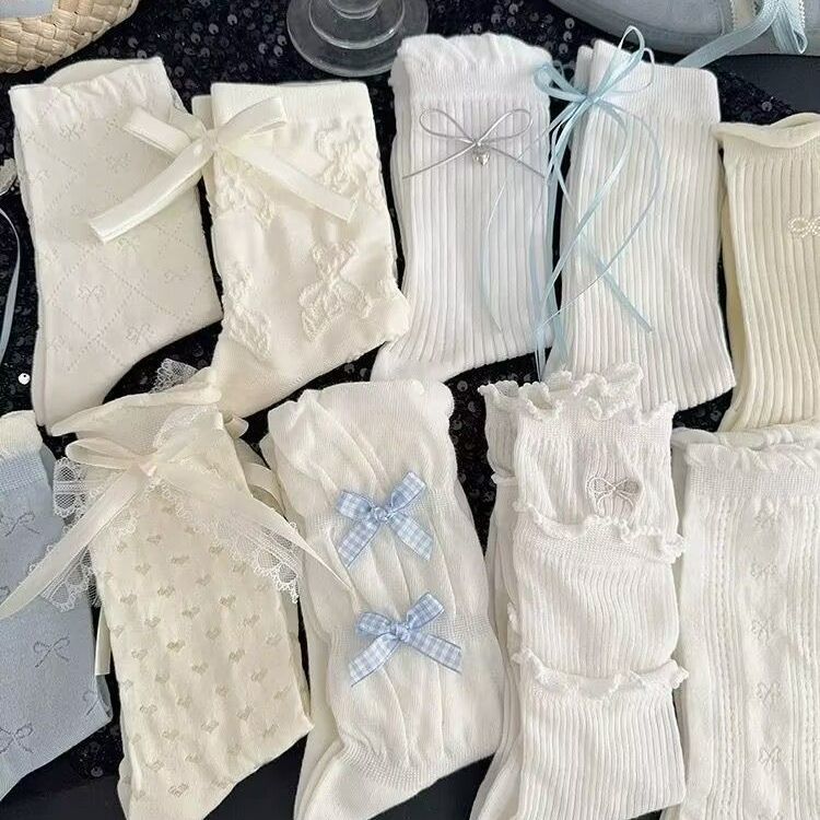 White Lace Bow Mid-Calf Socks – Sweet Fairy Style Long Socks for Women