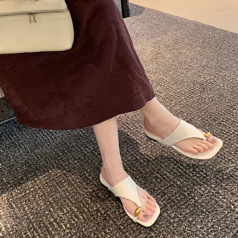 Elegant Toe Ring Flat Sandals – Fashion Casual Slip-On Beach Slides for Women