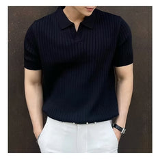 Men’s Slim Fit Knit Polo Shirt – Korean V-Neck Stretch Cotton Ice Silk Tee
